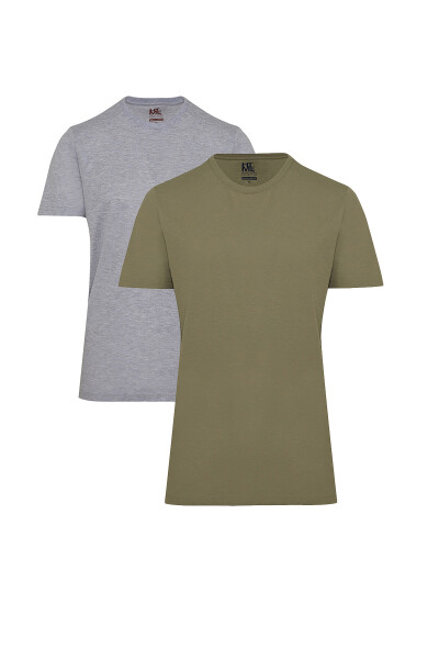 Haki ve Gri Regular Fit %100 Pamuk Bisiklet Yaka İkili Paket Basic Tişört 