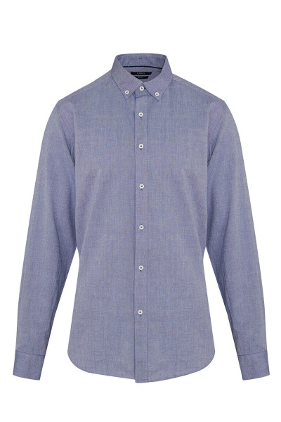 Lacivert Slim Fit 100% Pamuk Düğmeli Yaka Uzun Kollu Casual Gömlek - 2