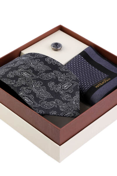 Antrasit Kravat Mendil ve Yaka Rozeti 3'lü Set - 2