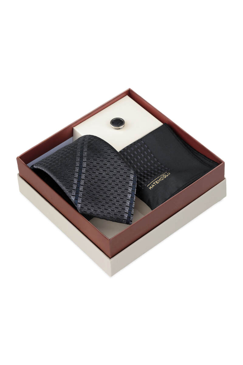 Antrasit Kravat Mendil ve Yaka Rozeti 3'lü Set - Hatemoğlu (1)