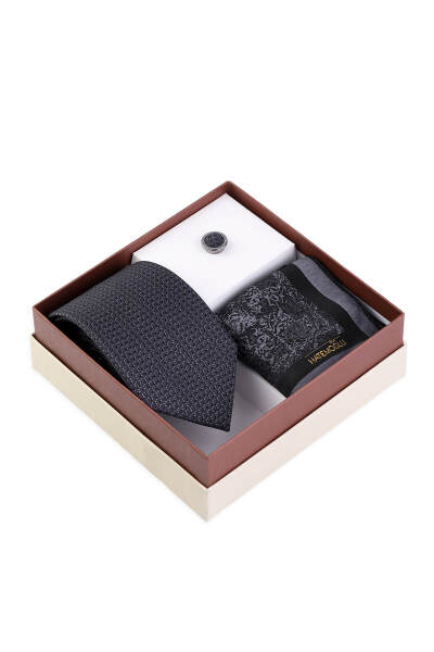 Antrasit Kravat Mendil ve Yaka Rozeti 3'lü Set 