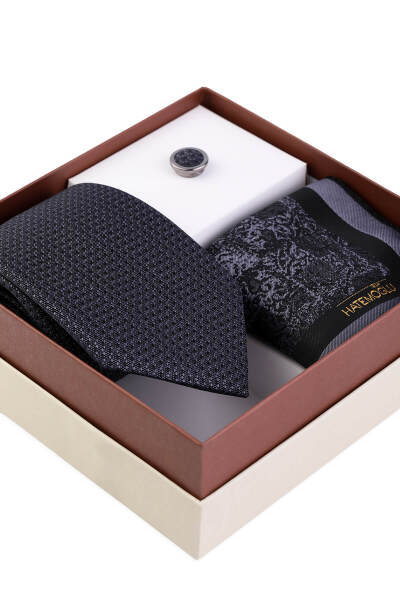 Antrasit Kravat Mendil ve Yaka Rozeti 3'lü Set - 2