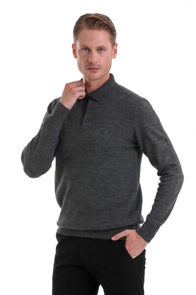 Antrasit Regular Fit Düz Polo Yaka Triko Kazak - 3