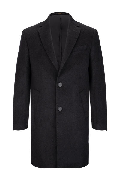 Antrasit Slim Fit Ceket Yaka Yünlü Kaşe Palto 