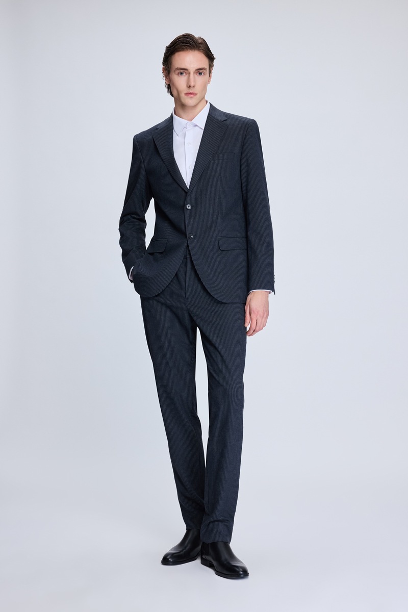 Antrasit Slim Fit Çizgili Mono Yaka Klasik Takım Elbise - Hatemoğlu