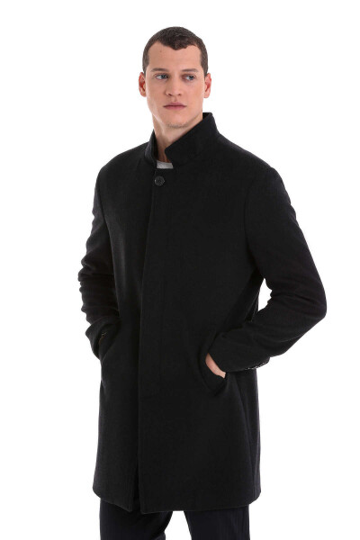 Antrasit Slim Fit Hakim Yaka Yünlü Kaşe Kaban - 2