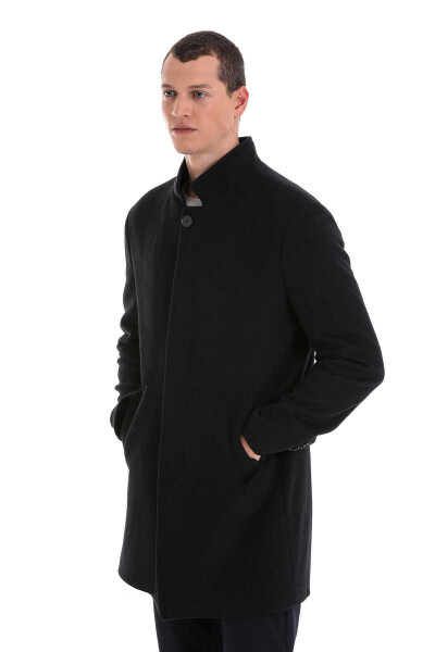 Antrasit Slim Fit Hakim Yaka Yünlü Kaşe Kaban - 3