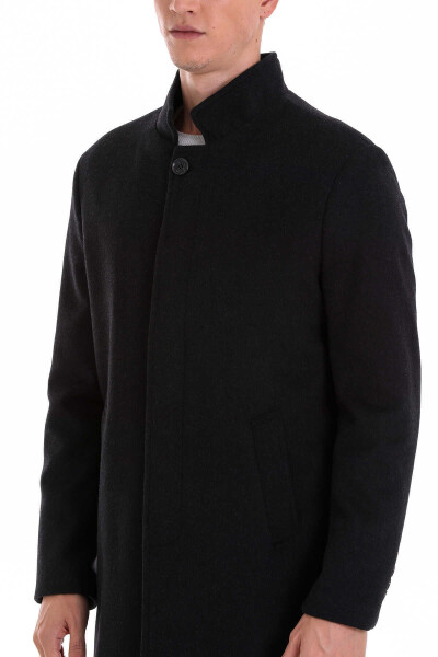 Antrasit Slim Fit Hakim Yaka Yünlü Kaşe Kaban - 4