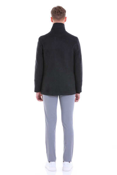 Gri Slim Fit Mono Yaka Yünlü Kruvaze Kaşe Kaban - 13