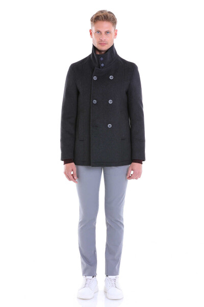 Gri Slim Fit Mono Yaka Yünlü Kruvaze Kaşe Kaban - 8