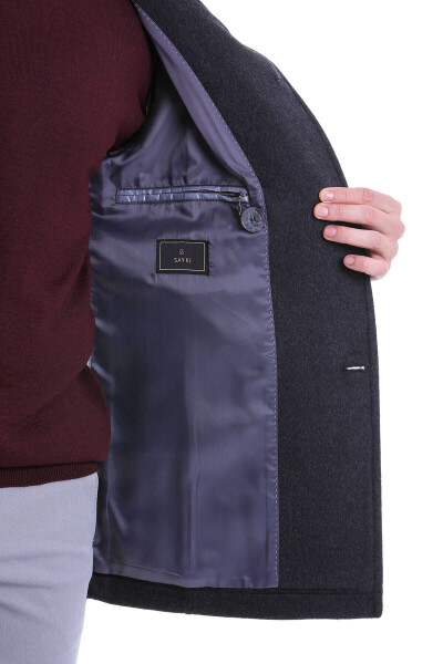 Gri Slim Fit Mono Yaka Yünlü Kruvaze Kaşe Kaban - 12