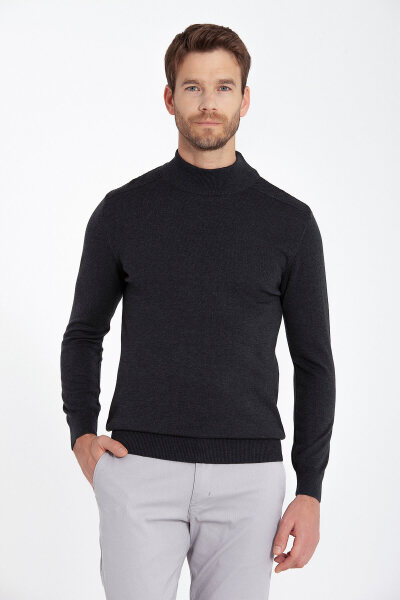 Antrasit Regular Fit Yarım Balıkçı Yaka Pamuklu Triko Kazak - 1