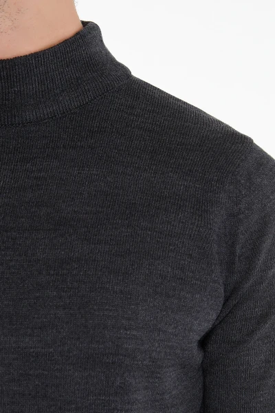 Antrasit Regular Fit Düz Yarım Balıkçı Yaka Triko Kazak - 4