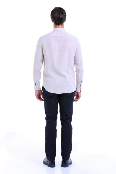 Bej Comfort Fit 100% Keten Düğmeli Yaka Uzun Kollu Casual Keten Gömlek - 5