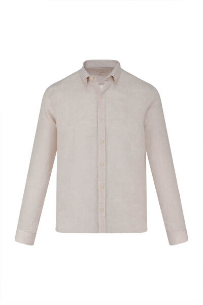 Bej Comfort Fit 100% Keten Düğmeli Yaka Uzun Kollu Keten Gömlek 