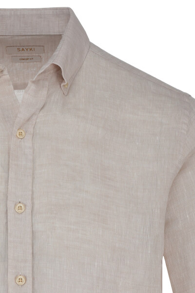 Bej Comfort Fit 100% Keten Düğmeli Yaka Uzun Kollu Keten Gömlek - 2