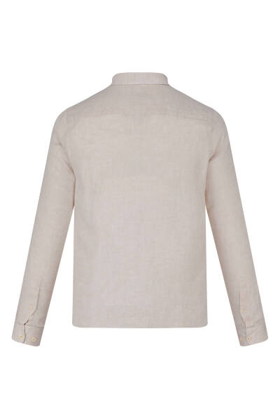 Bej Comfort Fit 100% Keten Düğmeli Yaka Uzun Kollu Keten Gömlek - 3