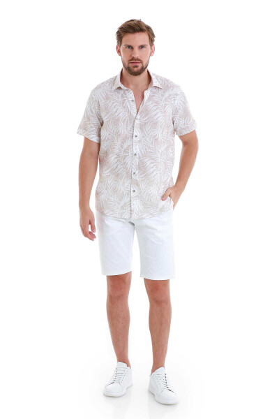 Bej Comfort Fit Baskılı 100% Pamuk Slim Yaka Kısa Kollu Gömlek - 2