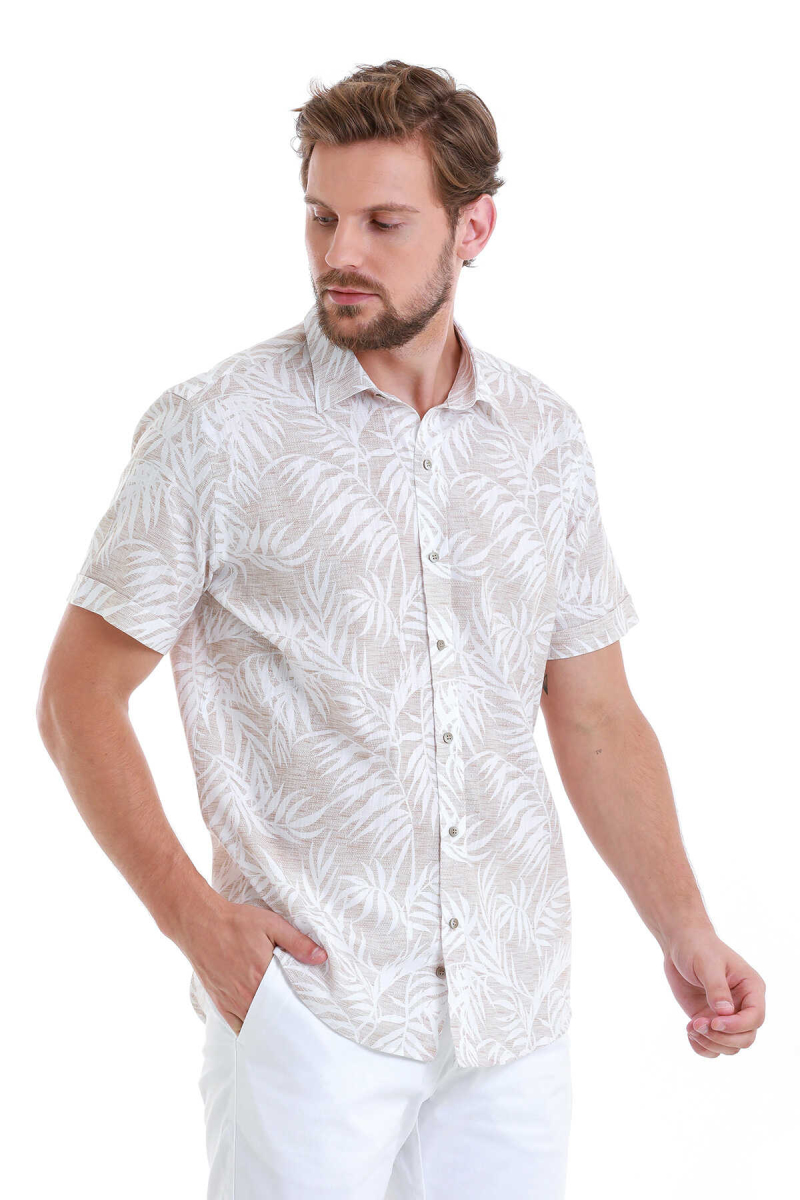 Bej Comfort Fit Baskılı 100% Pamuk Slim Yaka Kısa Kollu Gömlek - Hatem Saykı (1)