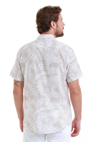 Bej Comfort Fit Baskılı 100% Pamuk Slim Yaka Kısa Kollu Gömlek - 6