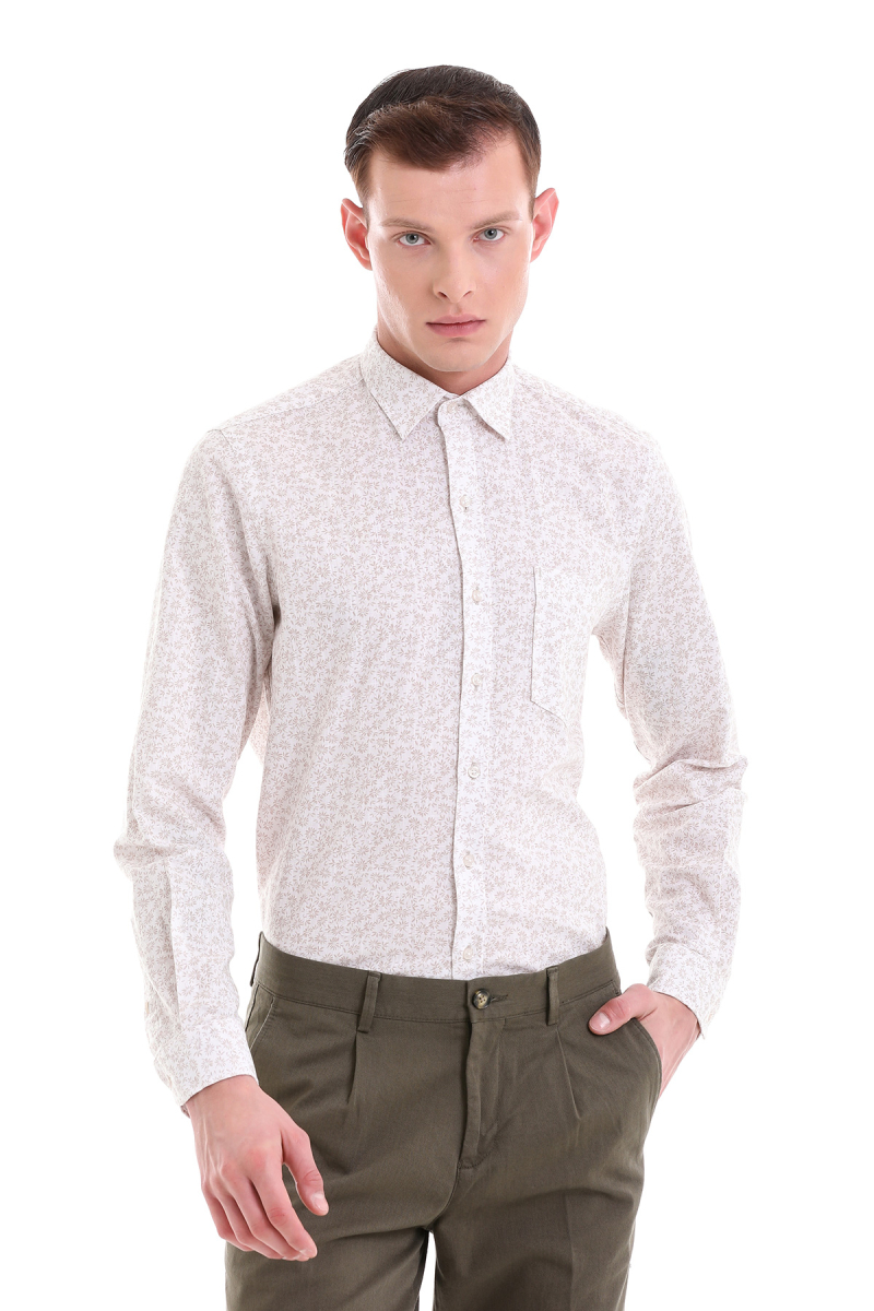 Bej Comfort Fit Baskılı 100% Pamuklu Slim Yaka Uzun Kollu Klasik Gömlek - HTML
