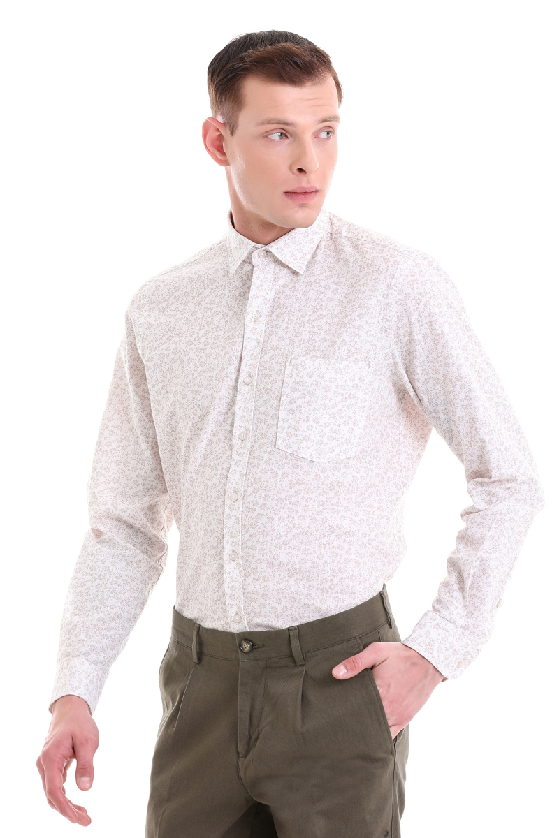 Bej Comfort Fit Baskılı 100% Pamuklu Slim Yaka Uzun Kollu Klasik Gömlek - HTML (1)