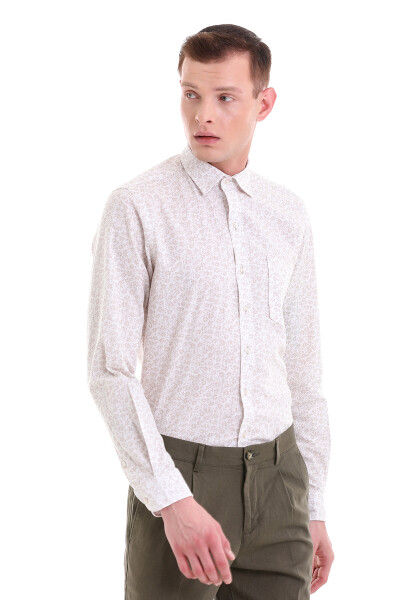 Bej Comfort Fit Baskılı 100% Pamuklu Slim Yaka Uzun Kollu Klasik Gömlek - 4