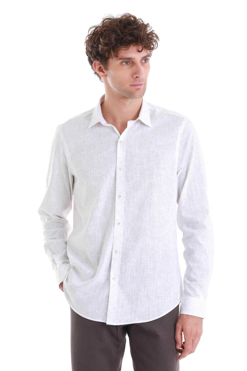 Bej Comfort Fit Baskılı Slim Yaka Uzun Kollu Spor Gömlek - Hatem Saykı