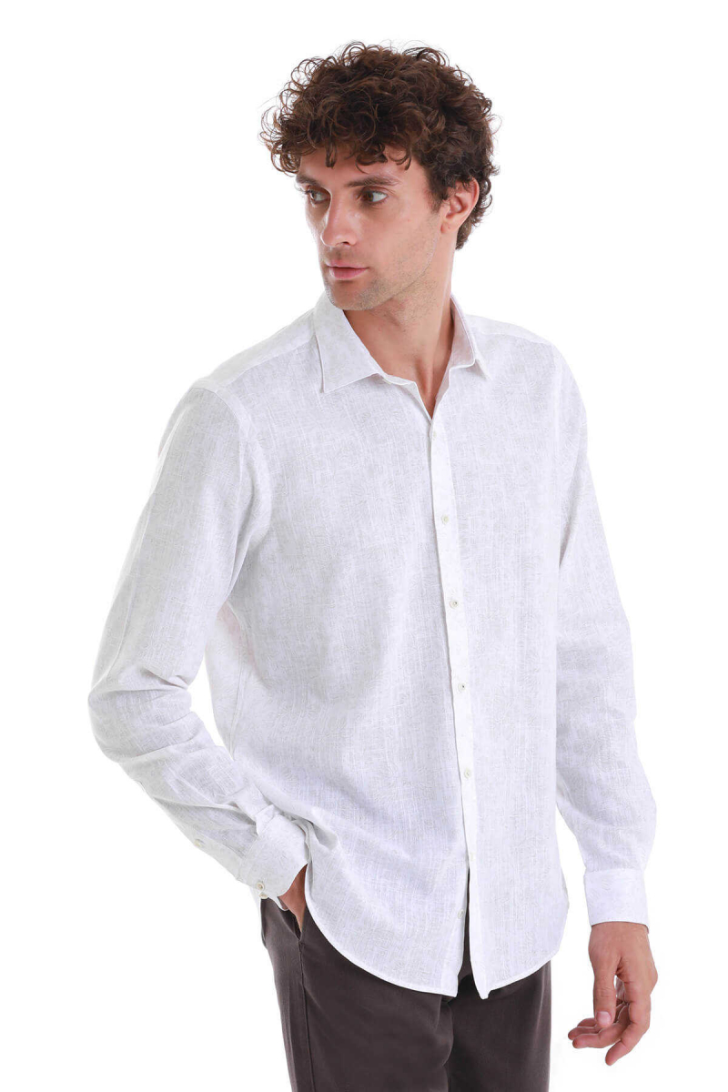 Bej Comfort Fit Baskılı Slim Yaka Uzun Kollu Spor Gömlek - Hatem Saykı (1)