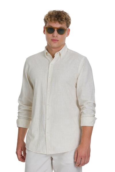 Bej Comfort Fit Çizgili Düğmeli Yaka Pamuk-Keten Uzun Kollu Gömlek 