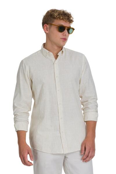 Bej Comfort Fit Çizgili Düğmeli Yaka Pamuk-Keten Uzun Kollu Gömlek - 3