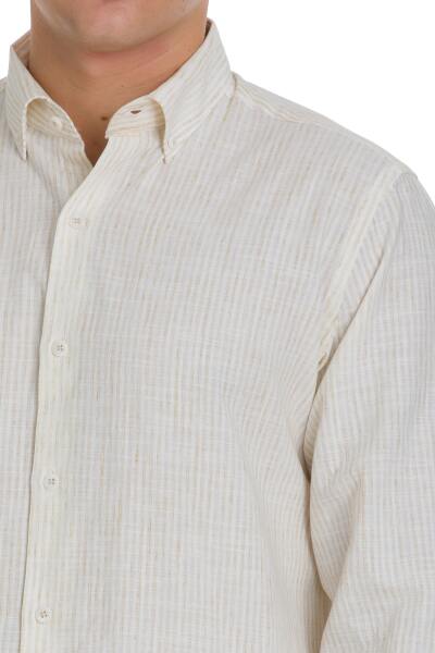 Bej Comfort Fit Çizgili Düğmeli Yaka Pamuk-Keten Uzun Kollu Gömlek - 4