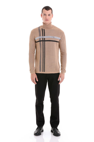 Bej Comfort Fit Desenli Balıkçı Yaka Yünlü Triko Kazak - 2