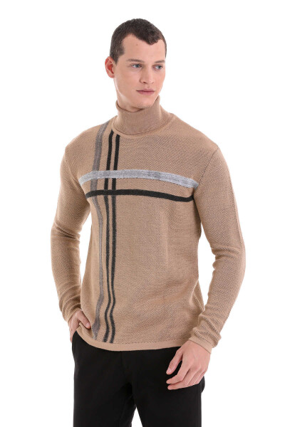 Bej Comfort Fit Desenli Balıkçı Yaka Yünlü Triko Kazak - 3