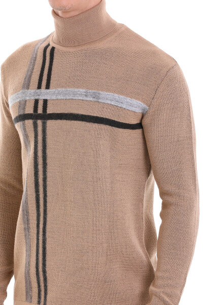 Bej Comfort Fit Desenli Balıkçı Yaka Yünlü Triko Kazak - 4