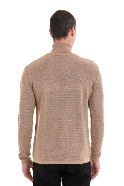 Bej Comfort Fit Desenli Balıkçı Yaka Yünlü Triko Kazak - 5