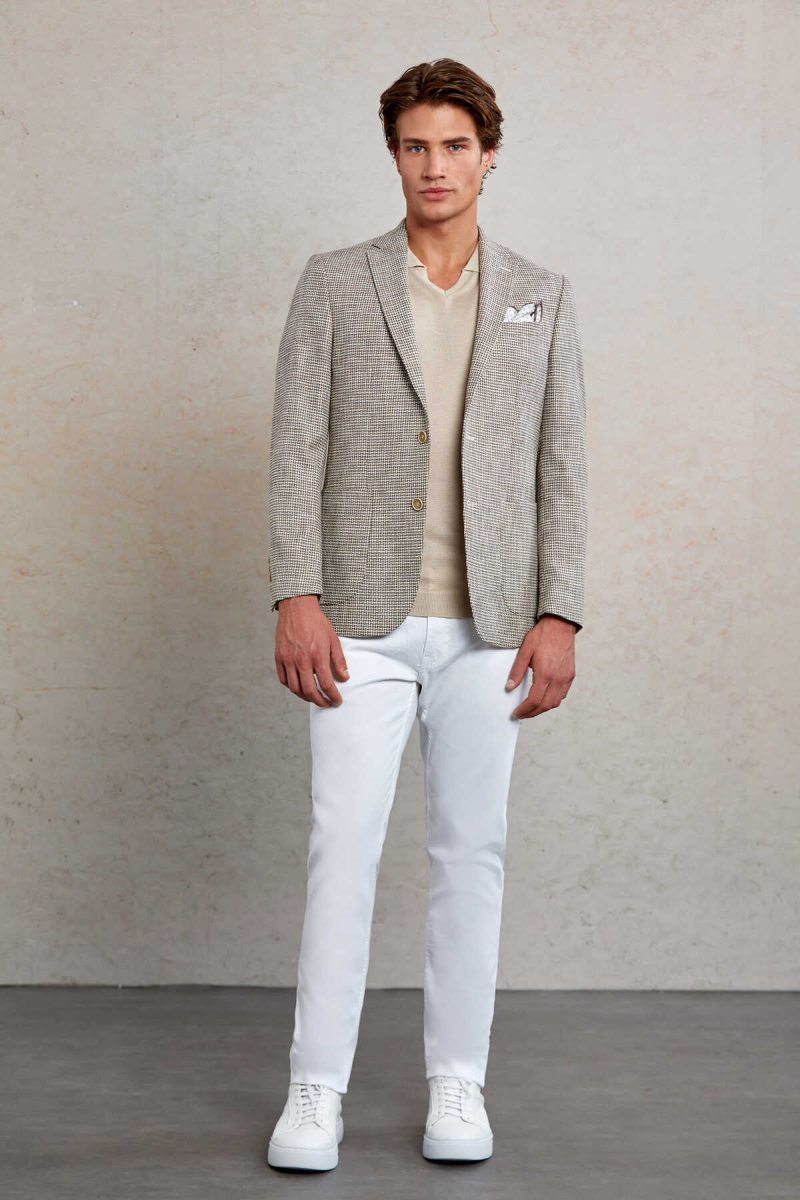 Bej Comfort Fit Desenli Mono Yaka Casual Ceket - Hatem Saykı (1)