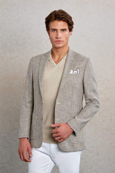 Bej Comfort Fit Desenli Mono Yaka Casual Ceket - 5