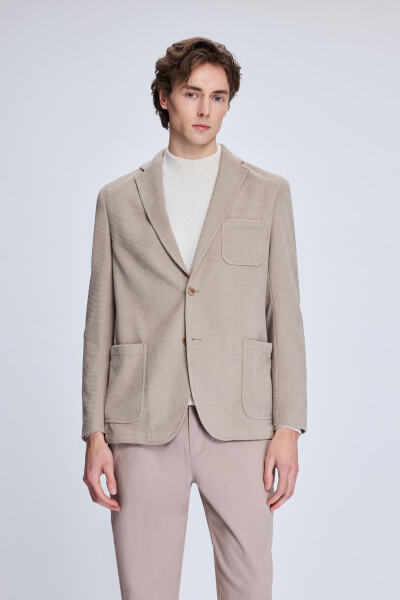 Bej Comfort Fit Desenli Mono Yaka Klasik Ceket 