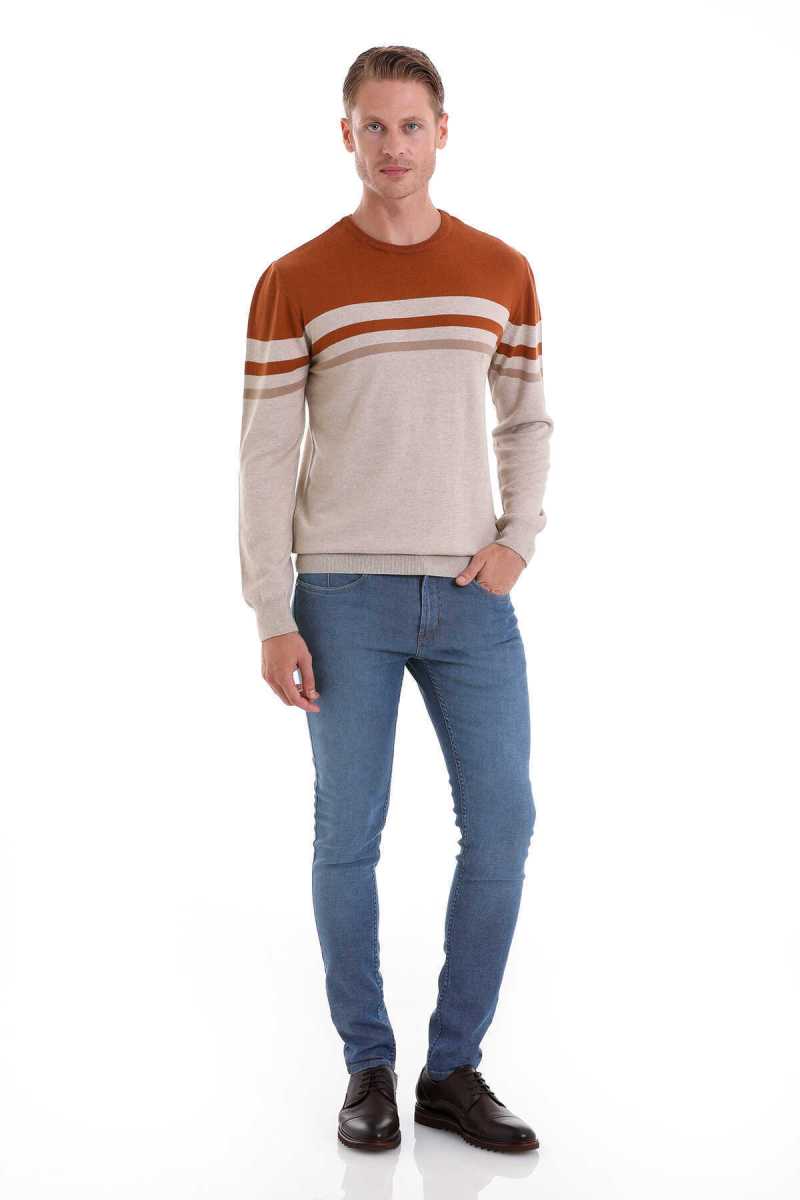 Bej Comfort Fit Desenli Pamuklu Bisiklet Yaka Casual Triko Kazak - Hatem Saykı (1)