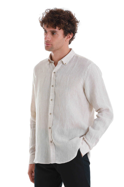 Bej Comfort Fit Düğmeli Yaka Uzun Kollu Keten Gömlek - 4