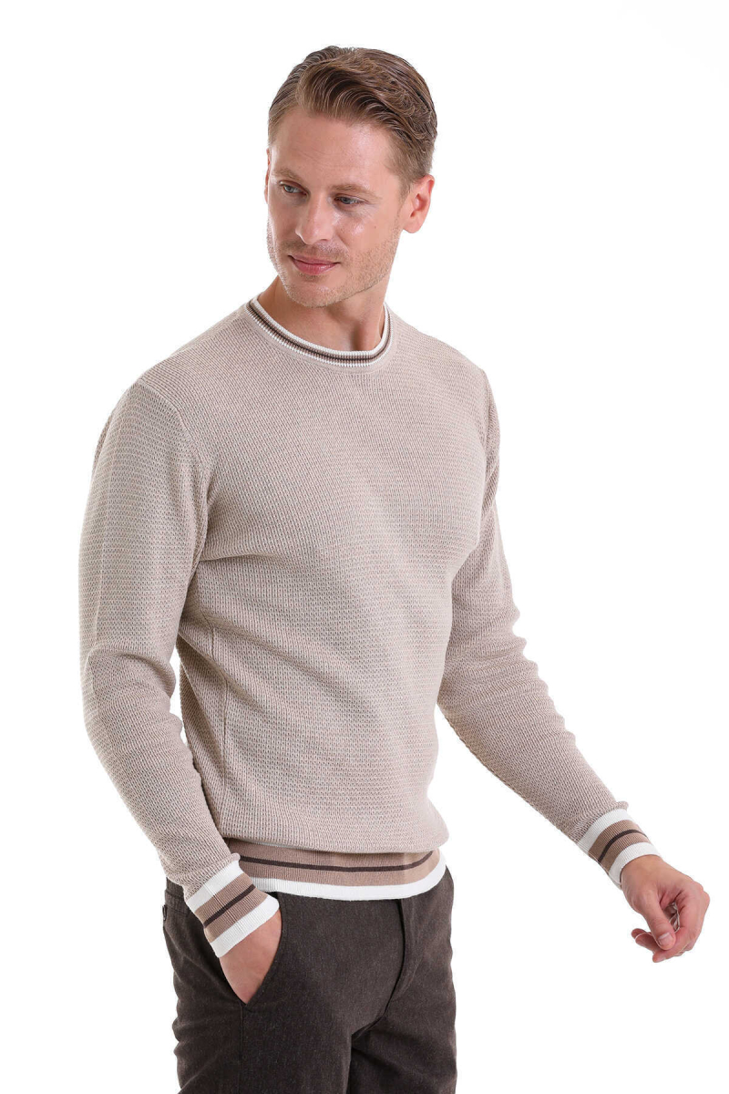 Bej Comfort Fit Pamuklu Bisiklet Yaka Casual Triko Kazak - Hatem Saykı