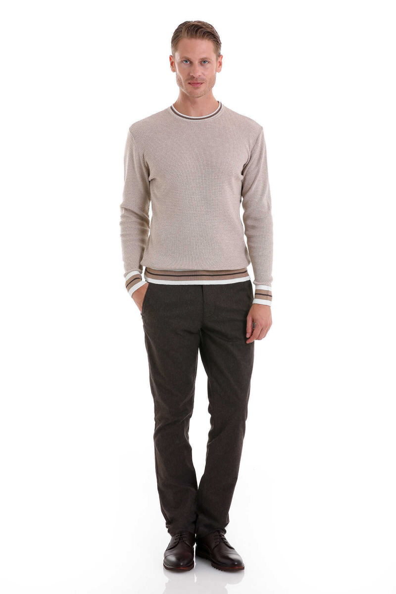 Bej Comfort Fit Pamuklu Bisiklet Yaka Casual Triko Kazak - Hatem Saykı (1)