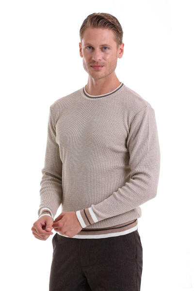 Bej Comfort Fit Pamuklu Bisiklet Yaka Casual Triko Kazak - 3