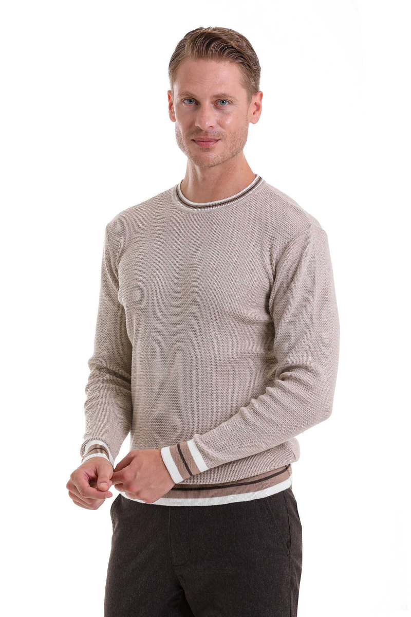 Bej Comfort Fit Pamuklu Bisiklet Yaka Casual Triko Kazak - Hatem Saykı (1)