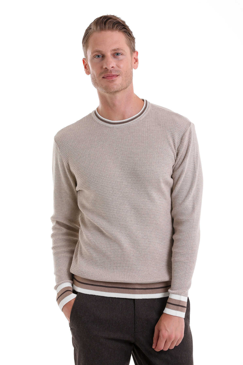 Bej Comfort Fit Pamuklu Bisiklet Yaka Casual Triko Kazak - Hatem Saykı (1)