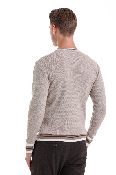 Bej Comfort Fit Pamuklu Bisiklet Yaka Casual Triko Kazak - 6