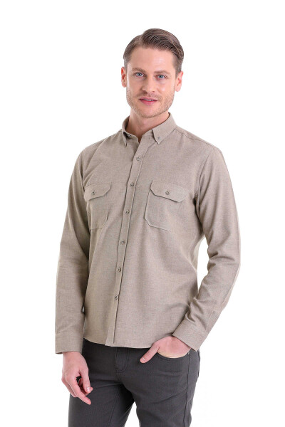 Bej Comfort Fit Düğmeli Yaka Uzun Kollu Casual Flanel Gömlek - 1