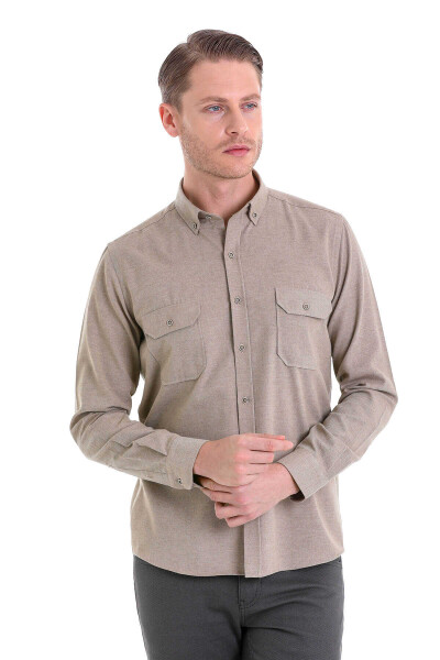 Bej Comfort Fit Düğmeli Yaka Uzun Kollu Casual Flanel Gömlek - 2
