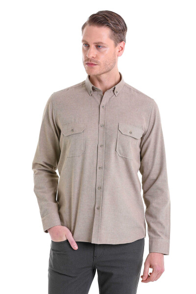 Bej Comfort Fit Düğmeli Yaka Uzun Kollu Casual Flanel Gömlek - 3
